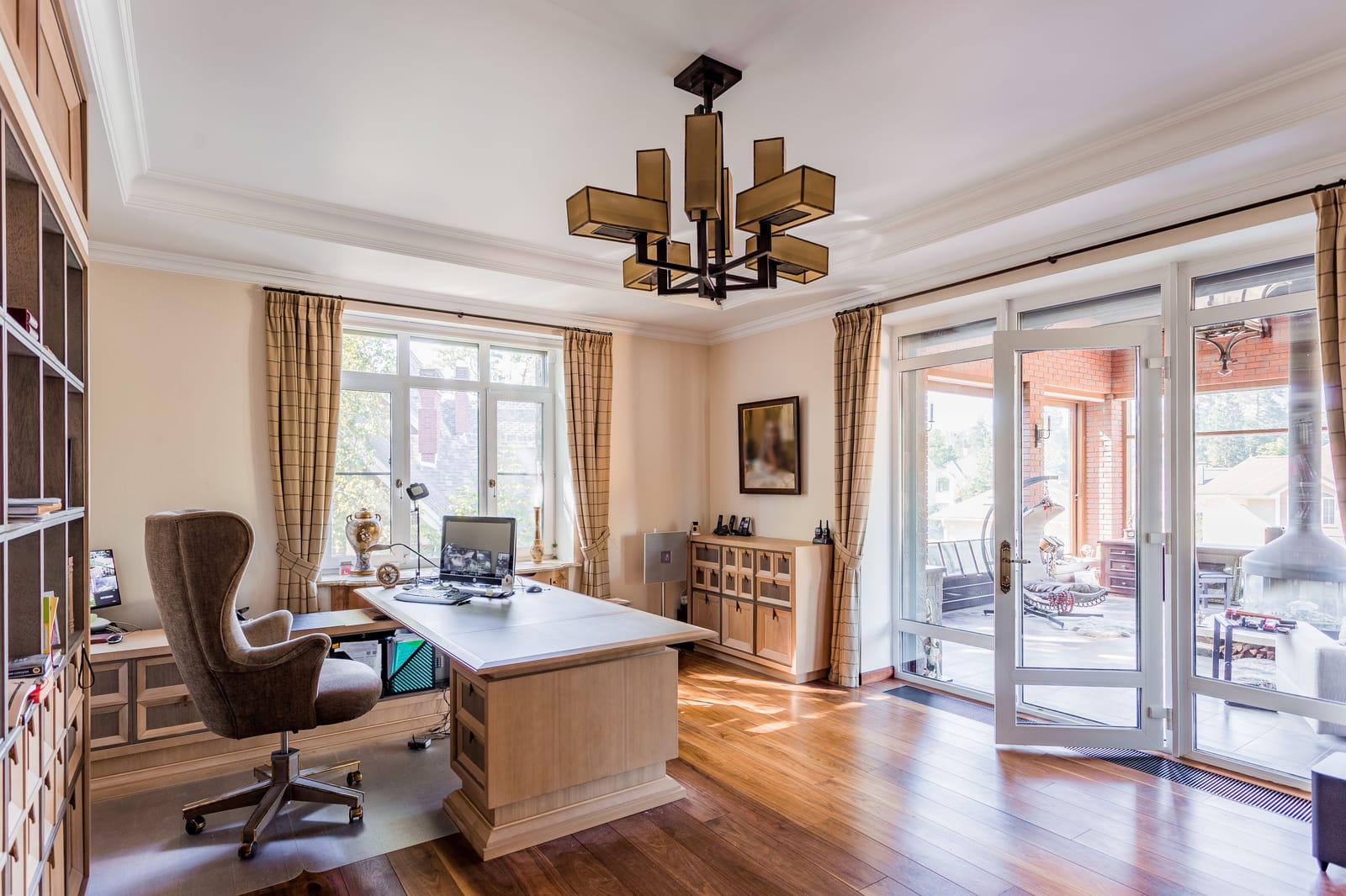 Warm walnut wood flooring in a Las Vegas home office