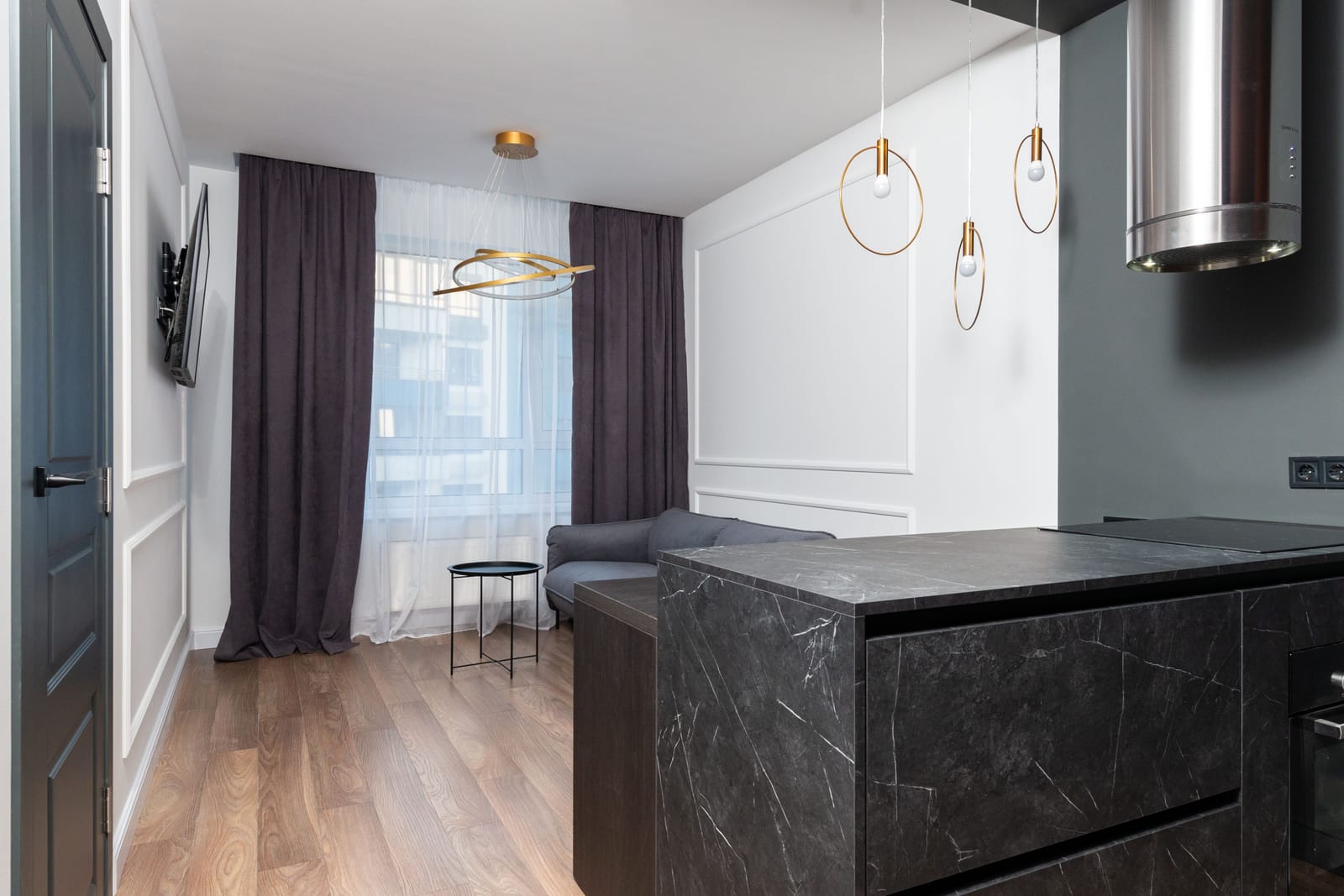 Warm wood-look plank flooring in a modern Las Vegas apartment